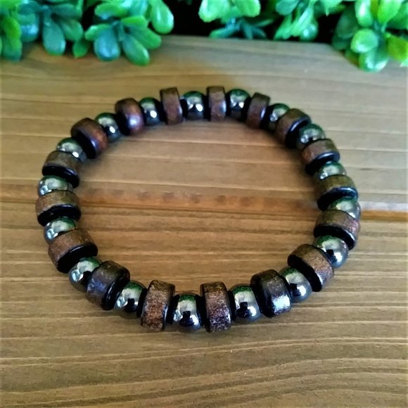 New Men's Wood & Hematite Beaded Bracelet - Picture 3 of 4